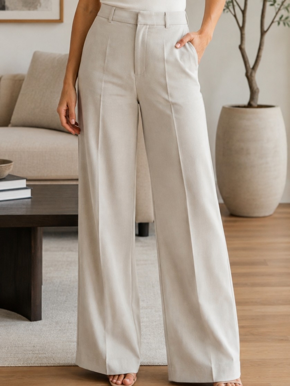 Women's Beige Wide-Leg High-Waist Lining Pants Sz 4 Business Casual